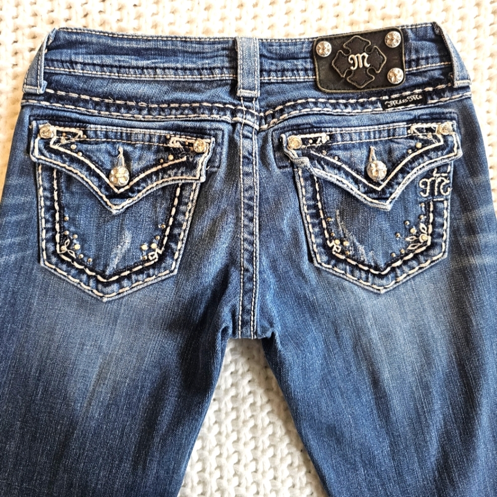 Miss Me size 26 long boot cut blue jeans, button back pockets